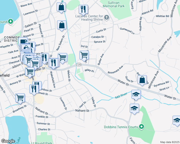 map of restaurants, bars, coffee shops, grocery stores, and more near 12 Wiley Place in Wakefield