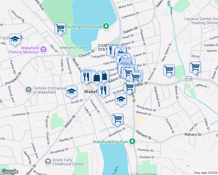 map of restaurants, bars, coffee shops, grocery stores, and more near 74 Albion Street in Wakefield