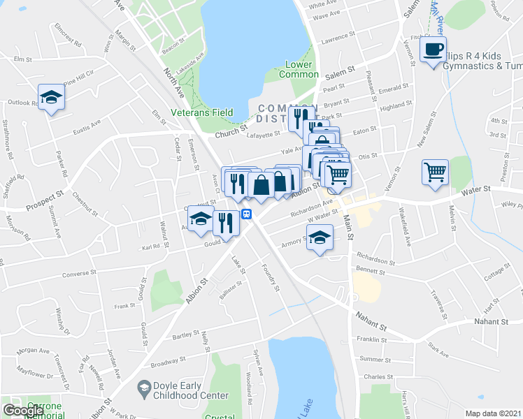 map of restaurants, bars, coffee shops, grocery stores, and more near in Wakefield