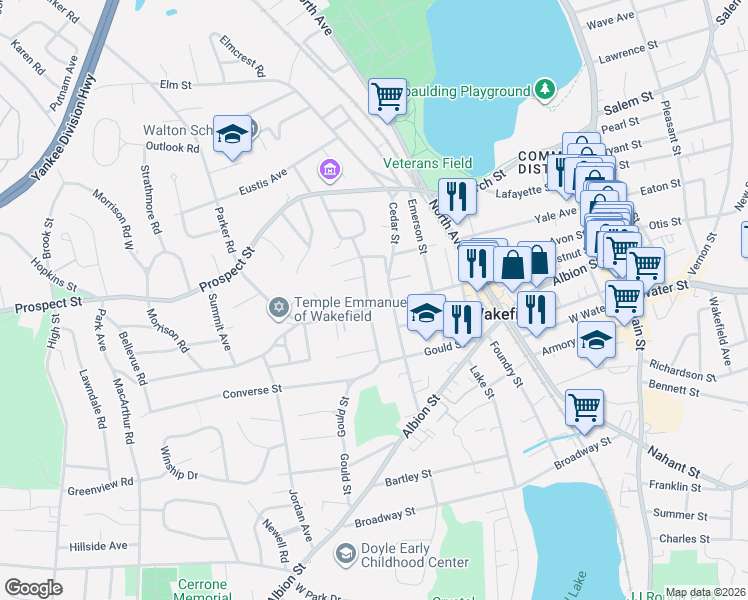 map of restaurants, bars, coffee shops, grocery stores, and more near 65 Chestnut Street in Wakefield