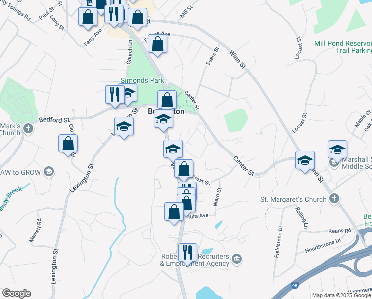 map of restaurants, bars, coffee shops, grocery stores, and more near 5 Cedarwood Lane in Burlington