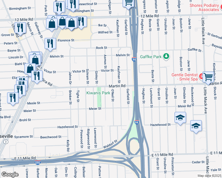 map of restaurants, bars, coffee shops, grocery stores, and more near 19336 Martin Road in Roseville