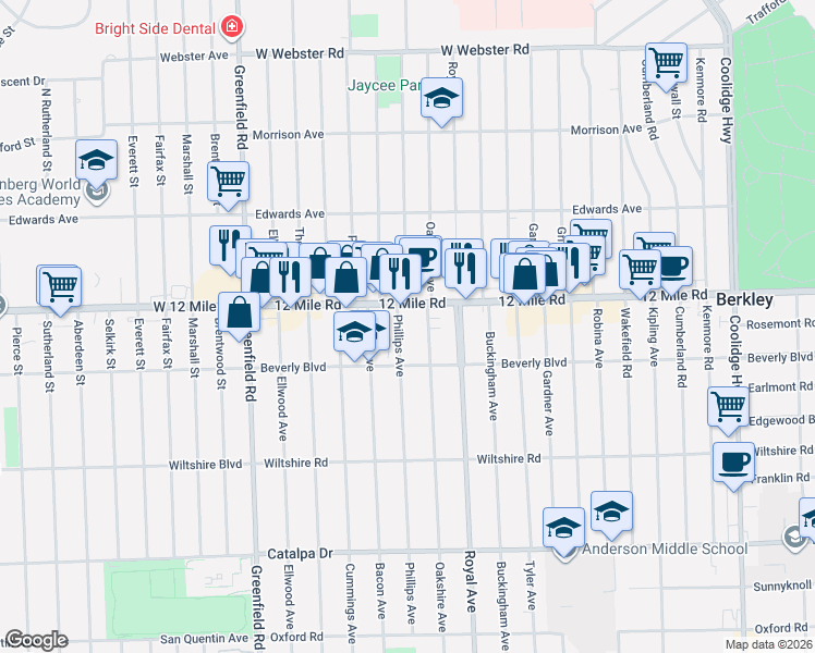 map of restaurants, bars, coffee shops, grocery stores, and more near 3353 Phillips Avenue in Berkley