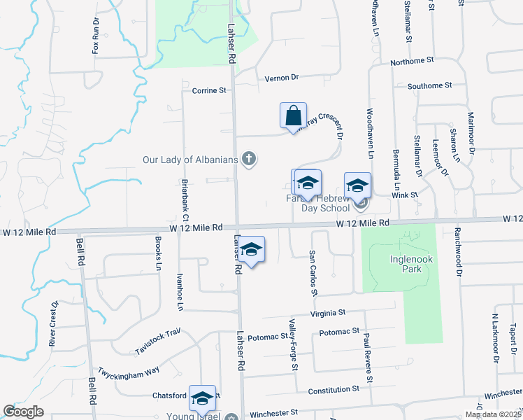 map of restaurants, bars, coffee shops, grocery stores, and more near 21800 Colony Park Circle in Southfield