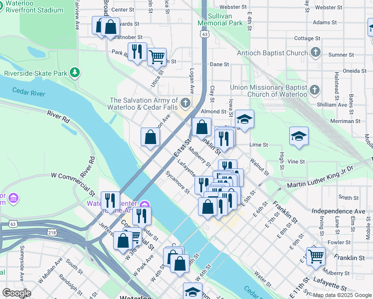 map of restaurants, bars, coffee shops, grocery stores, and more near 327 East 1st Street in Waterloo