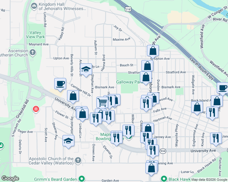 map of restaurants, bars, coffee shops, grocery stores, and more near 702 Maxwell Street in Waterloo
