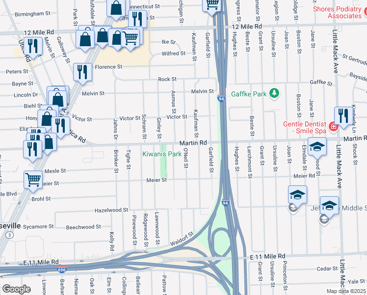 map of restaurants, bars, coffee shops, grocery stores, and more near 19336 Martin Road in Roseville