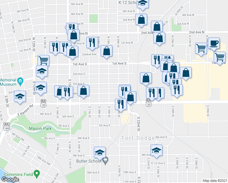 map of restaurants, bars, coffee shops, grocery stores, and more near 1914 4th Avenue South in Fort Dodge