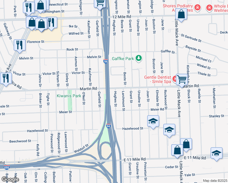 map of restaurants, bars, coffee shops, grocery stores, and more near 19720 Martin Road in St. Clair Shores