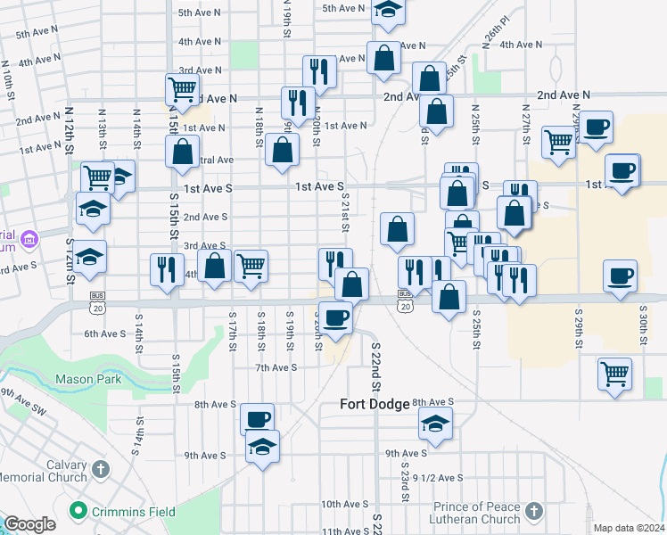 map of restaurants, bars, coffee shops, grocery stores, and more near 2020 4th Avenue South in Fort Dodge