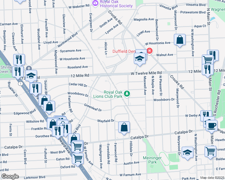 map of restaurants, bars, coffee shops, grocery stores, and more near 1538 Forestdale Road in Royal Oak