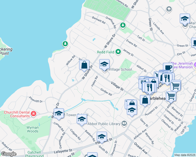 map of restaurants, bars, coffee shops, grocery stores, and more near 4 Haley Road in Marblehead