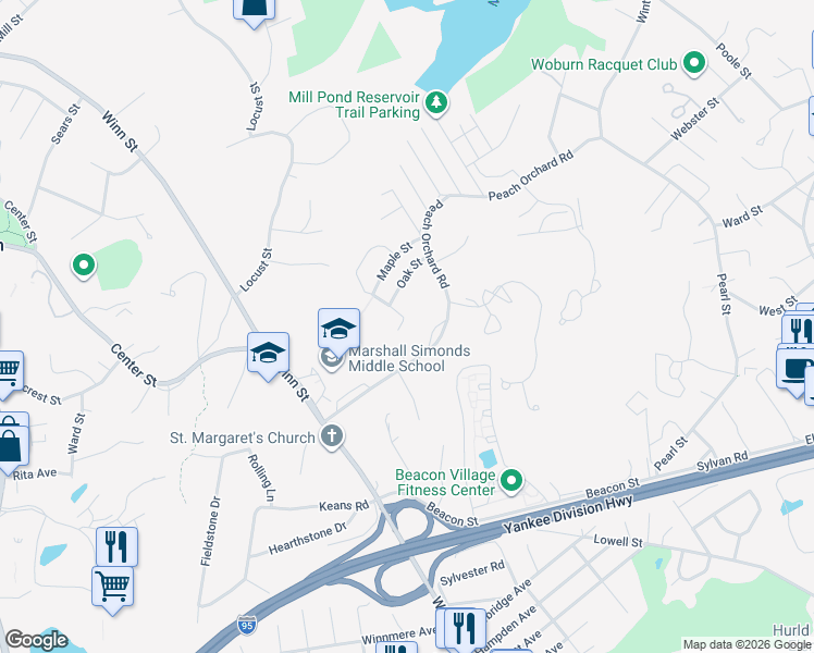map of restaurants, bars, coffee shops, grocery stores, and more near 1 Mooney Road in Burlington