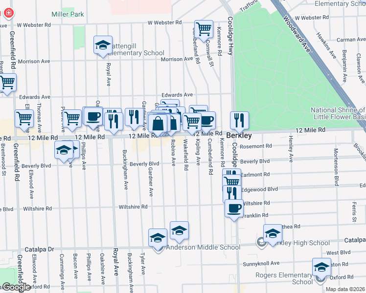 map of restaurants, bars, coffee shops, grocery stores, and more near 3309 Wakefield Road in Berkley