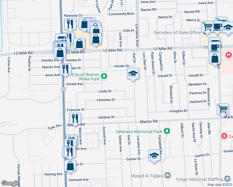 map of restaurants, bars, coffee shops, grocery stores, and more near 8494 Linda Street in Warren