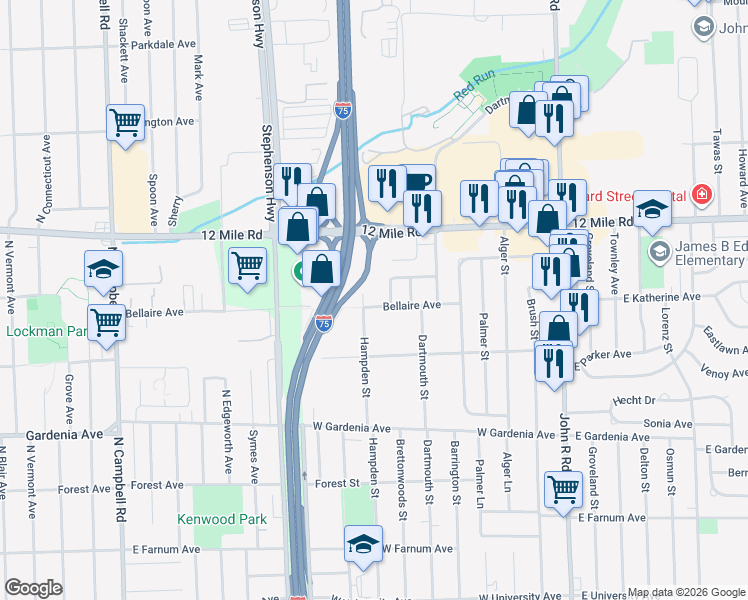 map of restaurants, bars, coffee shops, grocery stores, and more near 28615 Karam Drive in Madison Heights