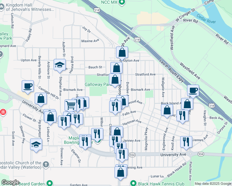 map of restaurants, bars, coffee shops, grocery stores, and more near 706 Ansborough Avenue in Waterloo