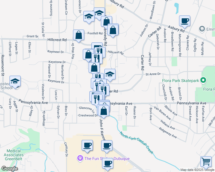 map of restaurants, bars, coffee shops, grocery stores, and more near 3270 Saint Anne Drive in Dubuque