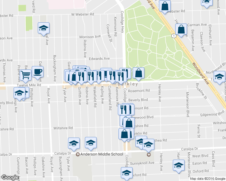 map of restaurants, bars, coffee shops, grocery stores, and more near 3310 Cumberland Road in Berkley