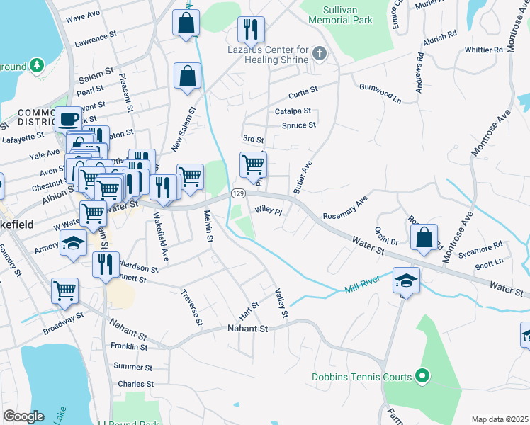 map of restaurants, bars, coffee shops, grocery stores, and more near 12 Wiley Place in Wakefield