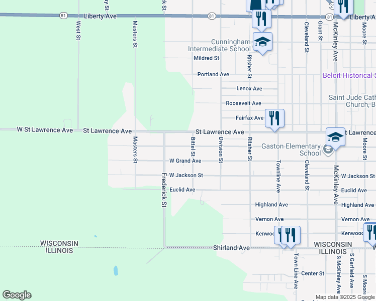 map of restaurants, bars, coffee shops, grocery stores, and more near 2210 Forest Avenue in Beloit