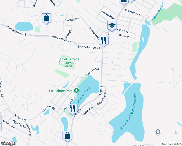 map of restaurants, bars, coffee shops, grocery stores, and more near 21 Fairview Avenue in Peabody