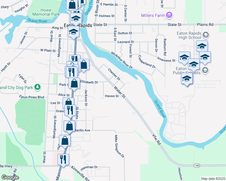 map of restaurants, bars, coffee shops, grocery stores, and more near 1208 Water Street in Eaton Rapids