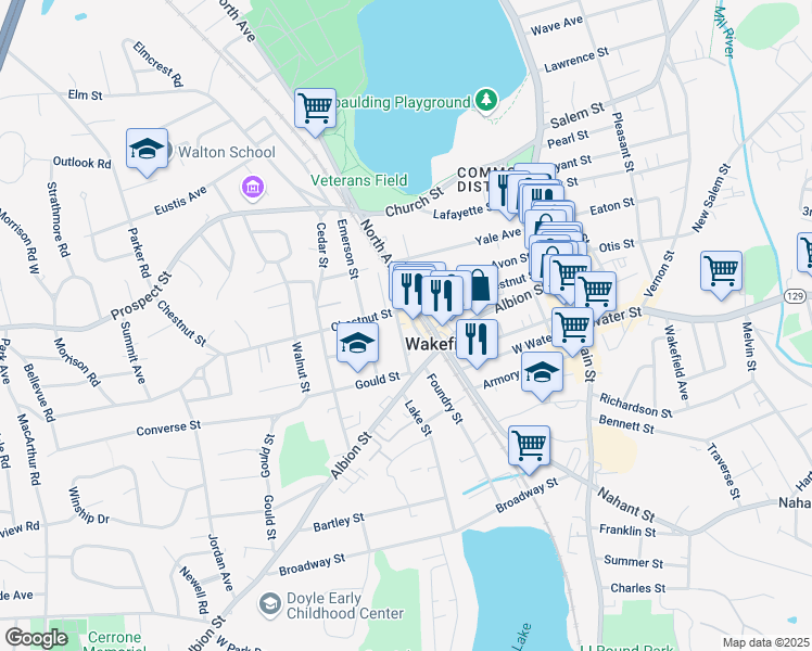 map of restaurants, bars, coffee shops, grocery stores, and more near 39 Tuttle Street in Wakefield