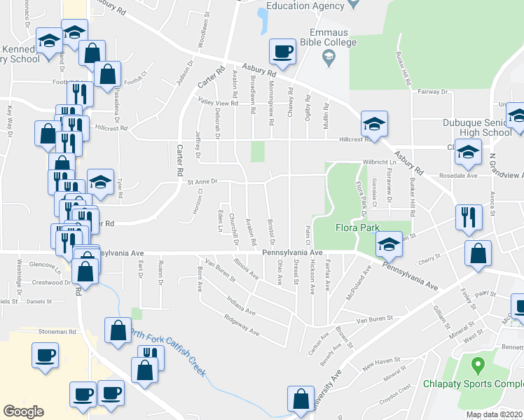 map of restaurants, bars, coffee shops, grocery stores, and more near 1805 Bristol Drive in Dubuque
