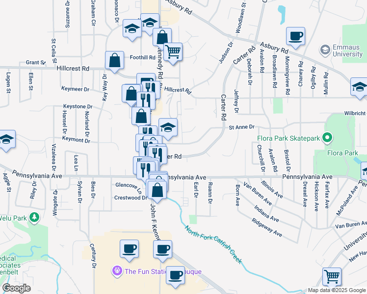 map of restaurants, bars, coffee shops, grocery stores, and more near 3220 Saint Anne Drive in Dubuque