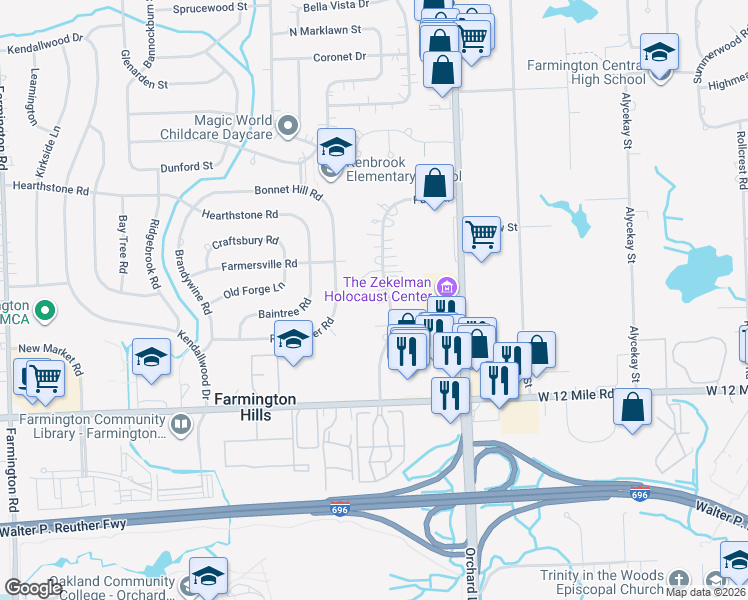 map of restaurants, bars, coffee shops, grocery stores, and more near 28145 Parkhill Street in Farmington Hills