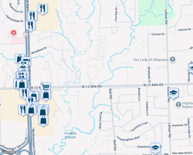 map of restaurants, bars, coffee shops, grocery stores, and more near 29332 Chanticleer Drive West in Southfield