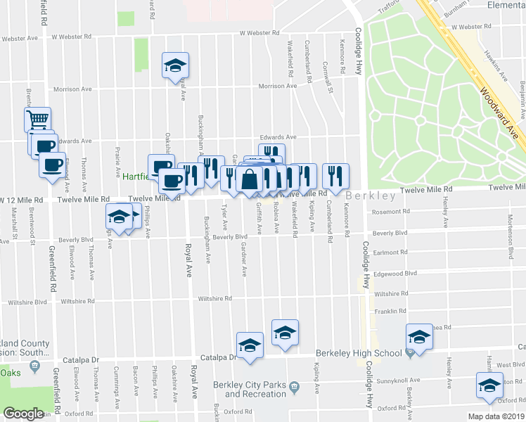 map of restaurants, bars, coffee shops, grocery stores, and more near 3324 Griffith Avenue in Berkley