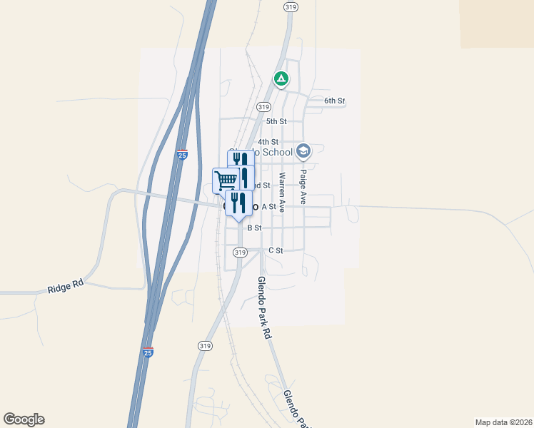 map of restaurants, bars, coffee shops, grocery stores, and more near 423 A Street in Glendo