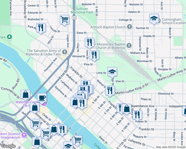 map of restaurants, bars, coffee shops, grocery stores, and more near 400-404 Walnut St in Waterloo