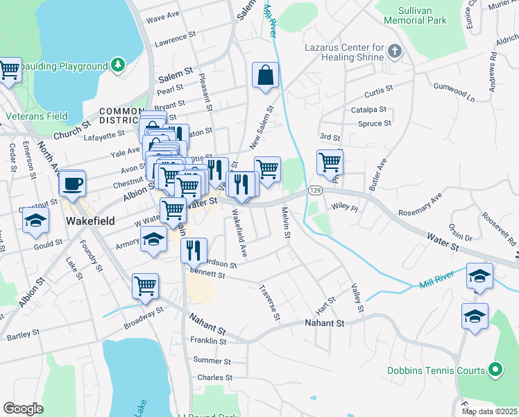 map of restaurants, bars, coffee shops, grocery stores, and more near 149 Water Street in Wakefield