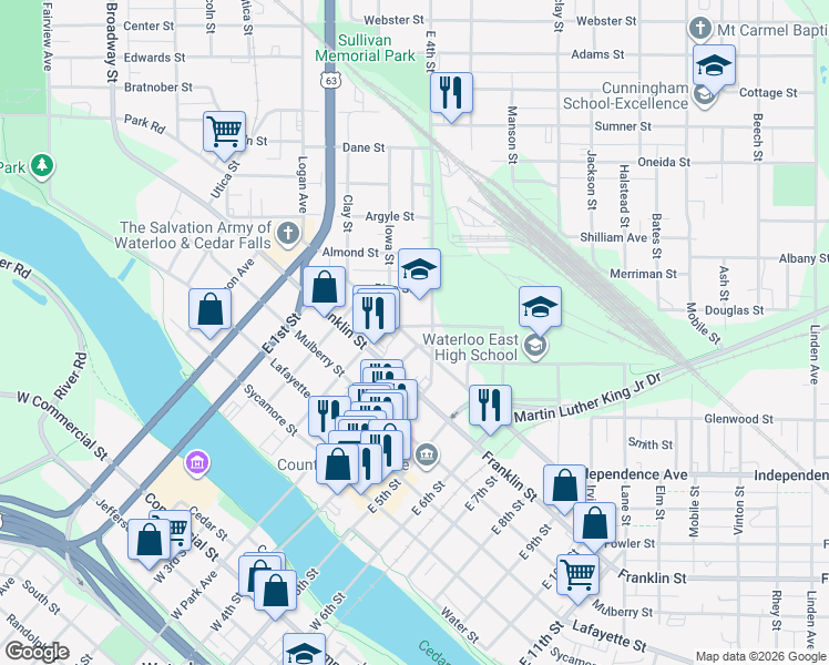 map of restaurants, bars, coffee shops, grocery stores, and more near 400-404 Walnut St in Waterloo