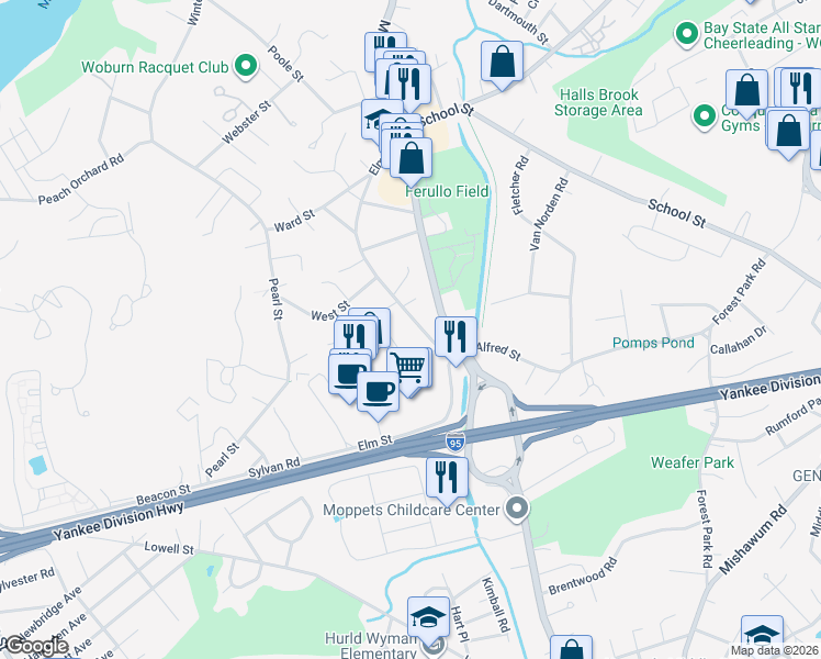 map of restaurants, bars, coffee shops, grocery stores, and more near 20 Elm Street in Woburn