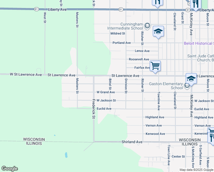 map of restaurants, bars, coffee shops, grocery stores, and more near 2210 Forest Avenue in Beloit