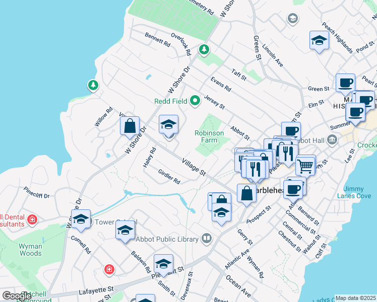 map of restaurants, bars, coffee shops, grocery stores, and more near 69 Village Street in Marblehead