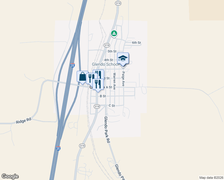 map of restaurants, bars, coffee shops, grocery stores, and more near 423 A Street in Glendo