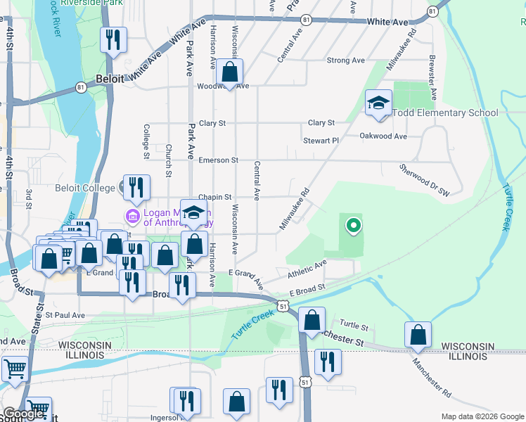 map of restaurants, bars, coffee shops, grocery stores, and more near 633 Central Avenue in Beloit