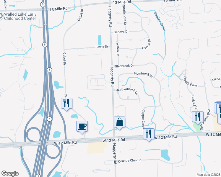 map of restaurants, bars, coffee shops, grocery stores, and more near 28457-28651 Haggerty Road in Novi