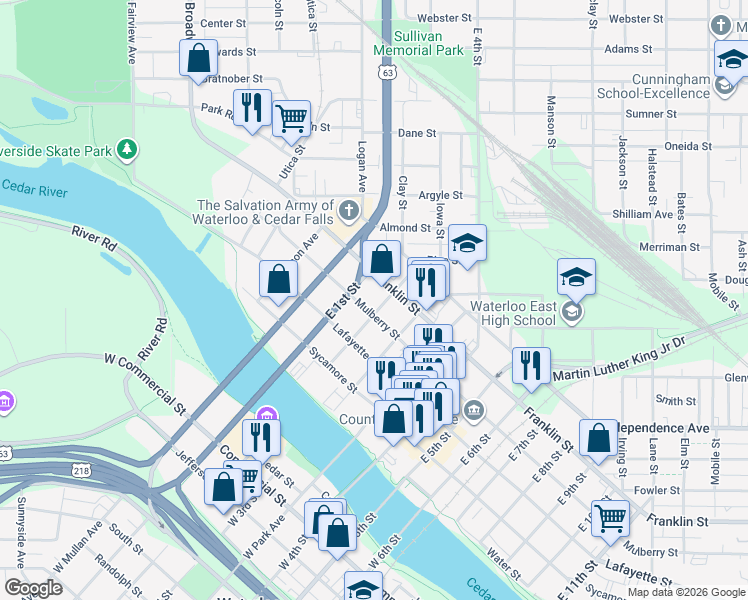 map of restaurants, bars, coffee shops, grocery stores, and more near 415 East 2nd Street in Waterloo