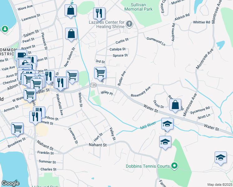 map of restaurants, bars, coffee shops, grocery stores, and more near 6 Spring Avenue in Wakefield