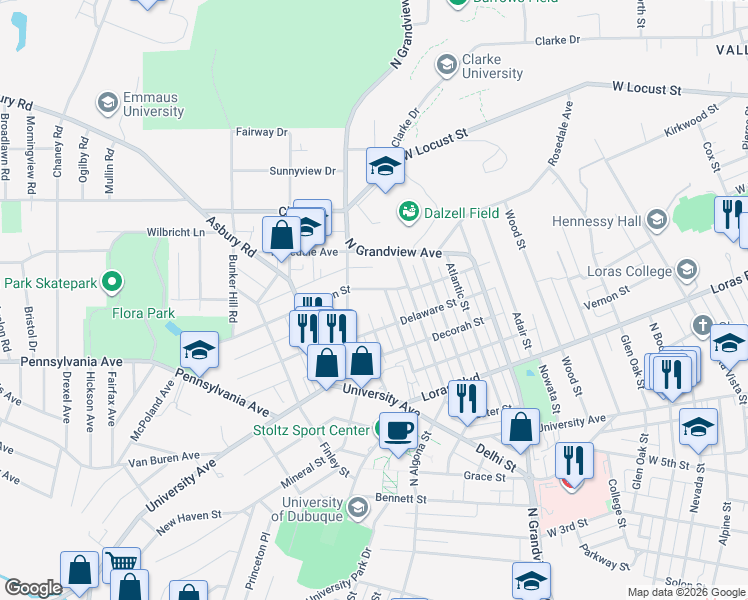 map of restaurants, bars, coffee shops, grocery stores, and more near 2120 Green Street in Dubuque
