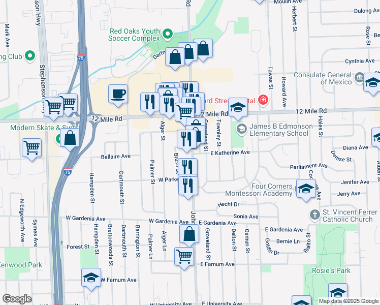 map of restaurants, bars, coffee shops, grocery stores, and more near 28635 John R Road in Madison Heights