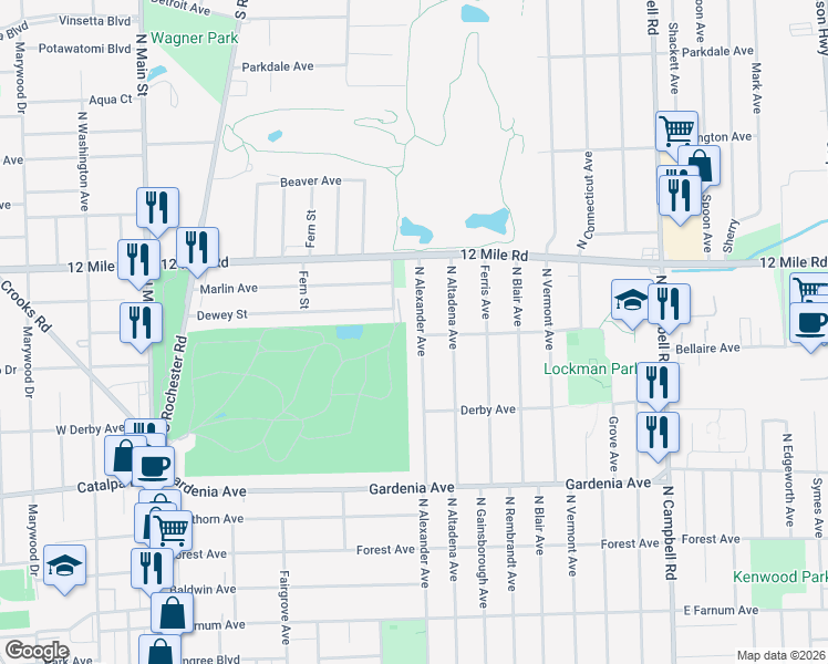 map of restaurants, bars, coffee shops, grocery stores, and more near 1503 North Alexander Avenue in Royal Oak