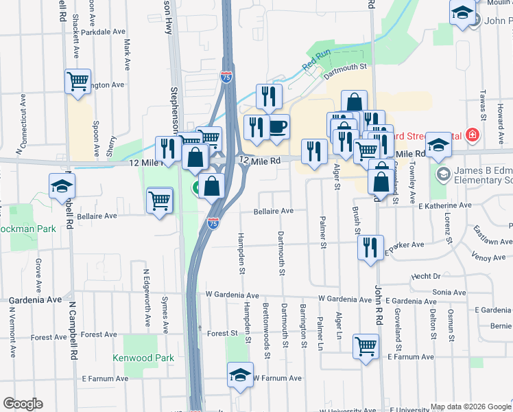 map of restaurants, bars, coffee shops, grocery stores, and more near 28615 Karam Drive in Madison Heights
