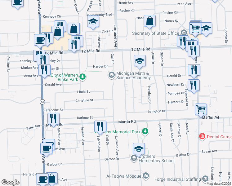 map of restaurants, bars, coffee shops, grocery stores, and more near 28350 Lorraine Avenue in Warren